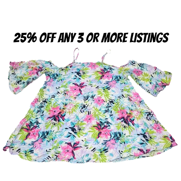 Floral Off-Shoulder Tunic Size Large Cover Up Mini Dress Tropical Palm Cruise - Picture 1 of 9